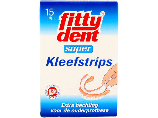 aanplakbiljet wol enkel en alleen FITTYDENT KLEEFSTRIPS 15st | Drogist Laak